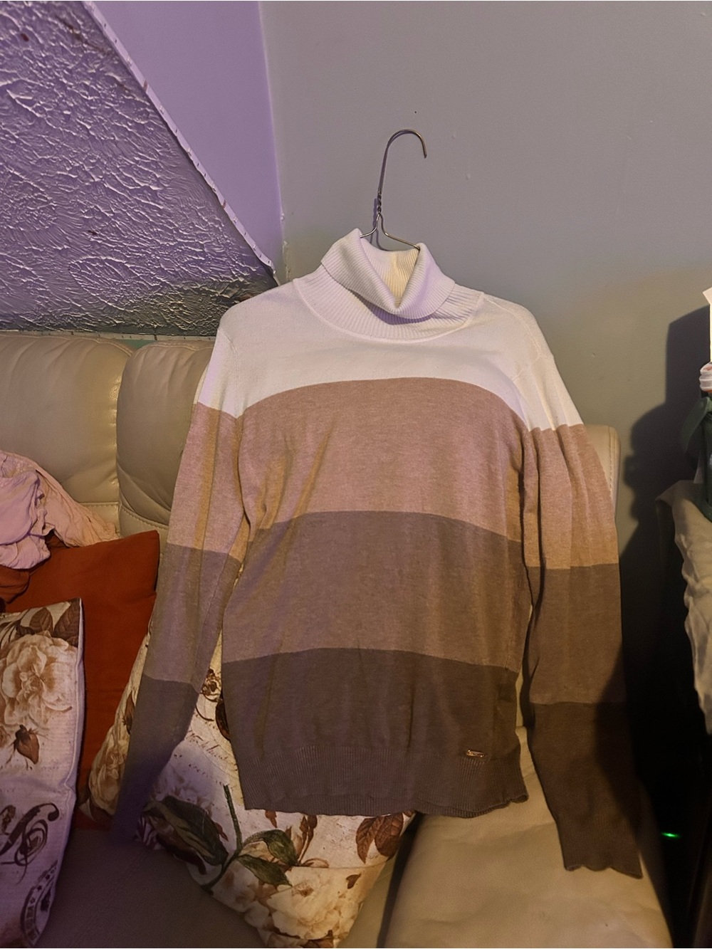 Calvin Klein Women’s Striped Turtleneck Sweater in White and Brown